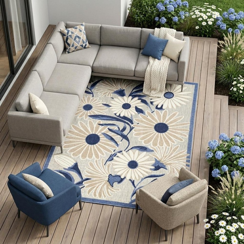 9' X 12' Blue and Gray Floral Non Skid Indoor Outdoor Area Rug