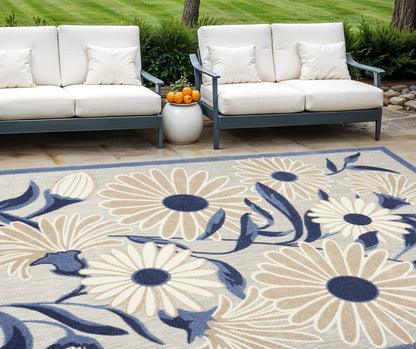 9' X 12' Blue and Gray Floral Non Skid Indoor Outdoor Area Rug