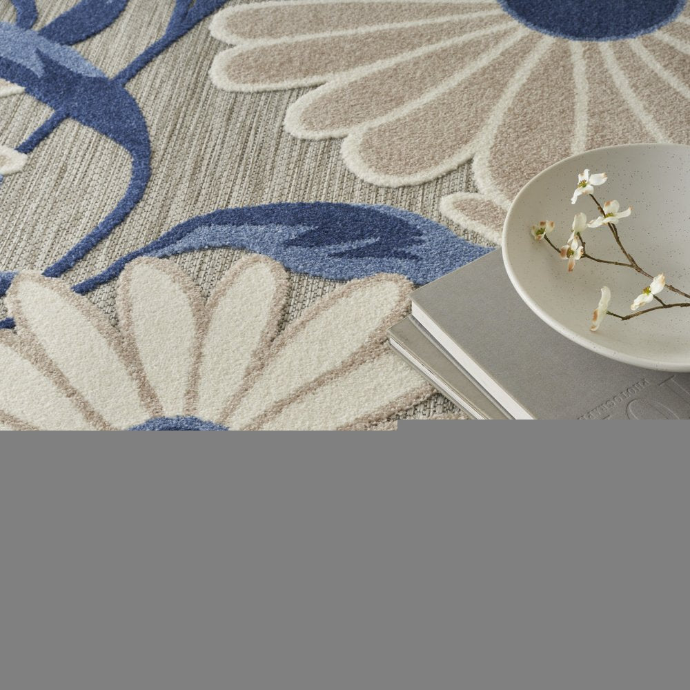 9' X 12' Blue and Gray Floral Non Skid Indoor Outdoor Area Rug
