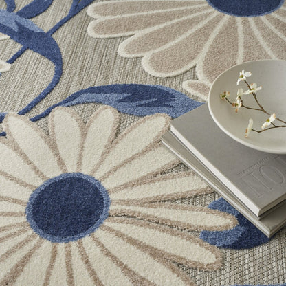 9' X 12' Blue and Gray Floral Non Skid Indoor Outdoor Area Rug