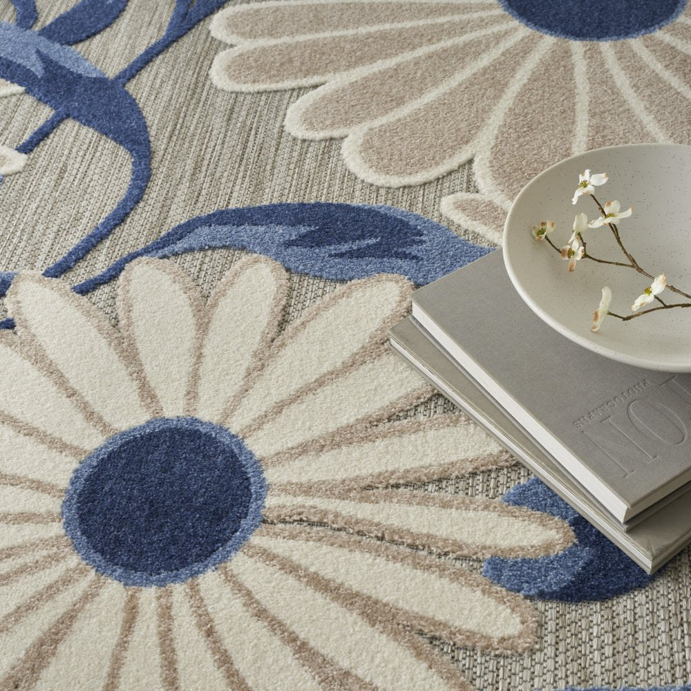 9' X 12' Blue and Gray Floral Non Skid Indoor Outdoor Area Rug