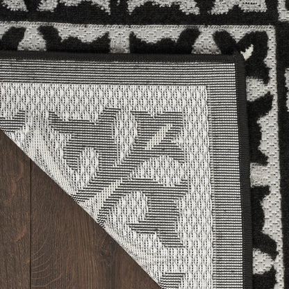 9' X 12' Black And White Fleur De Lis Stain Resistant Non Skid Area Rug