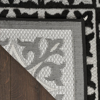 9' X 12' Black And White Fleur De Lis Stain Resistant Non Skid Area Rug