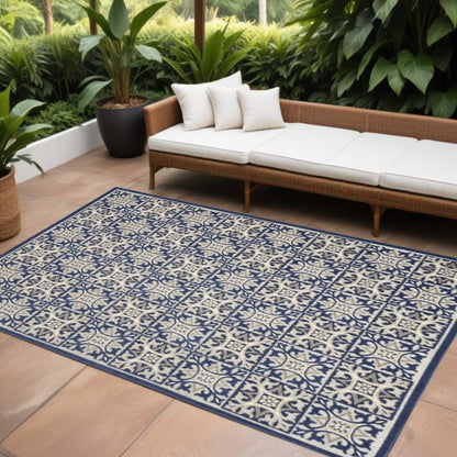 9' X 12' Blue Fleur De Lis Stain Resistant Non Skid Area Rug