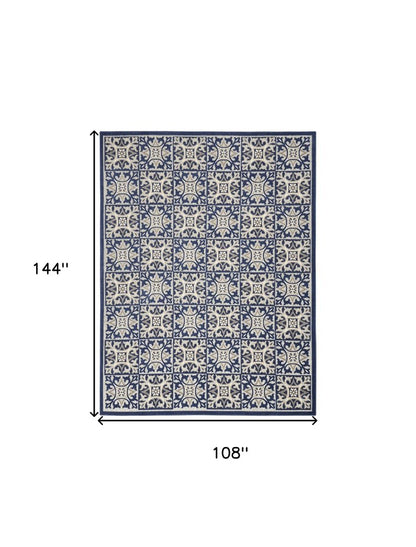 9' X 12' Blue Fleur De Lis Stain Resistant Non Skid Area Rug