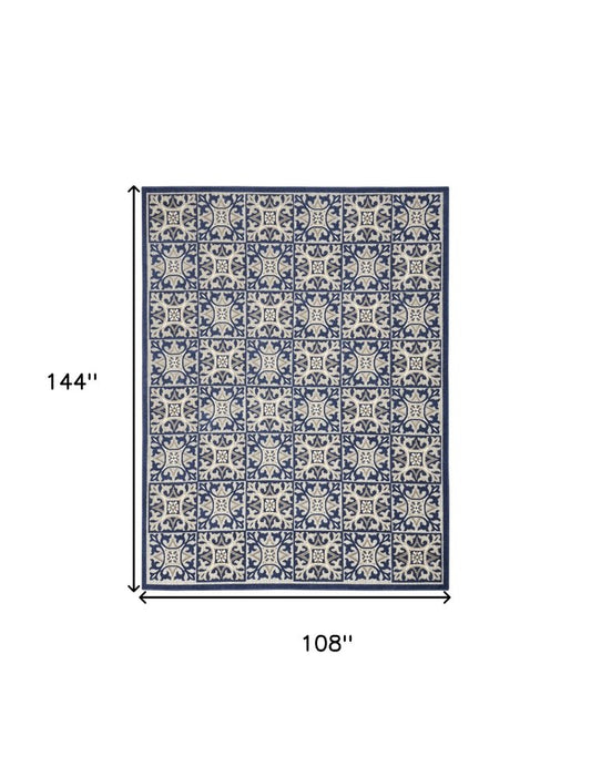 9' X 12' Blue Fleur De Lis Stain Resistant Non Skid Area Rug