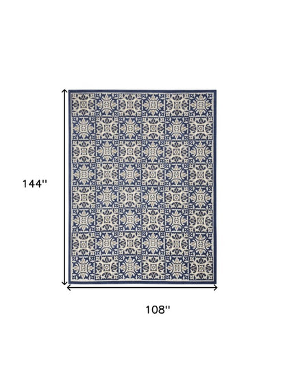 9' X 12' Blue Fleur De Lis Stain Resistant Non Skid Area Rug