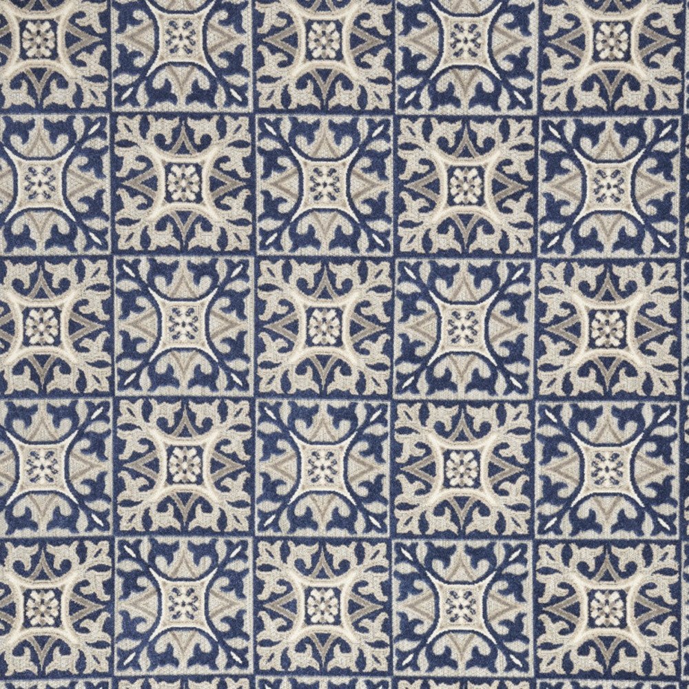 9' X 12' Blue Fleur De Lis Stain Resistant Non Skid Area Rug
