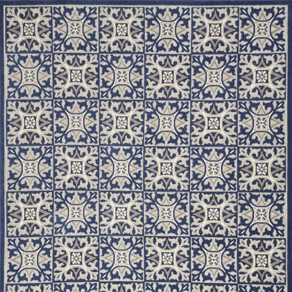 9' X 12' Blue Fleur De Lis Stain Resistant Non Skid Area Rug