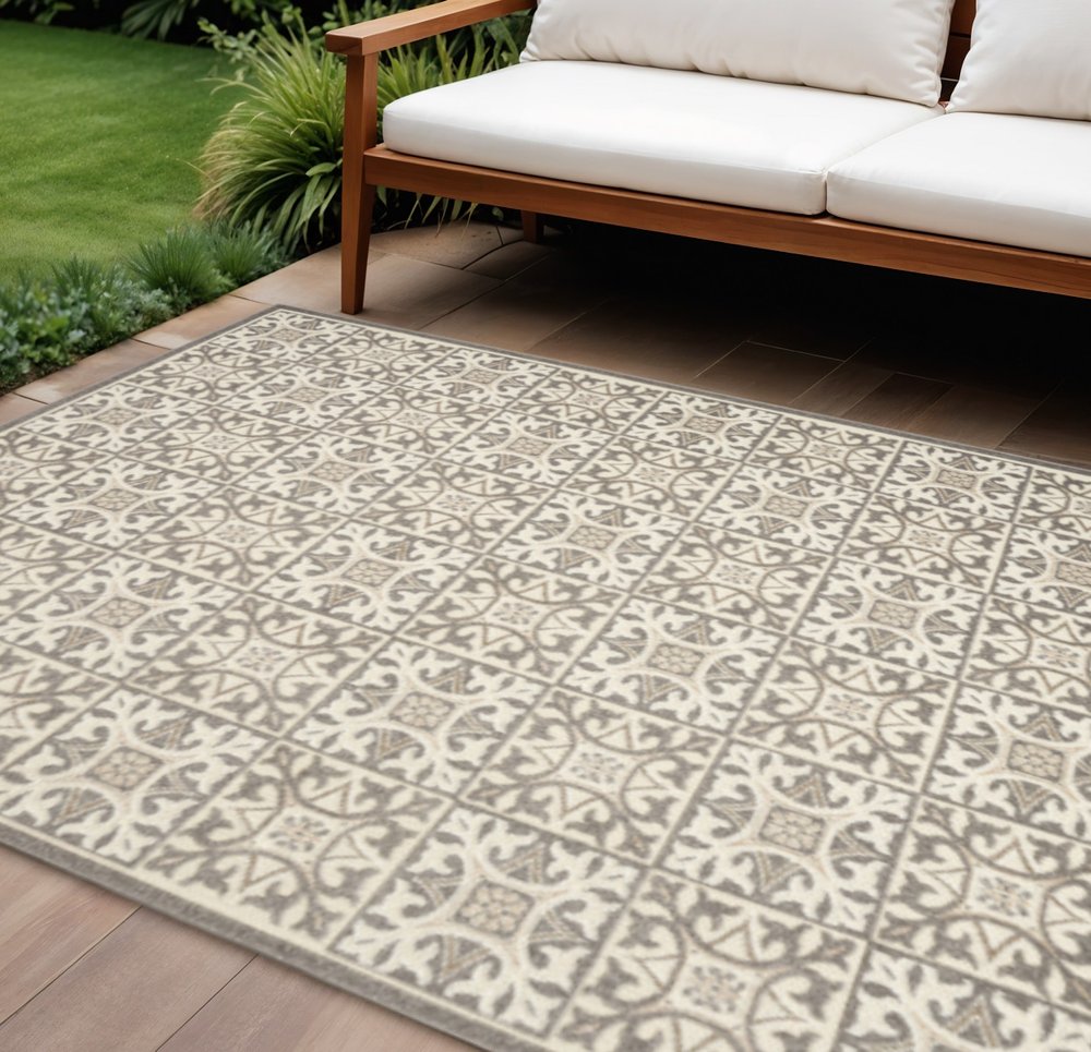 9' X 12' Ivory And Grey Fleur De Lis Stain Resistant Non Skid Area Rug