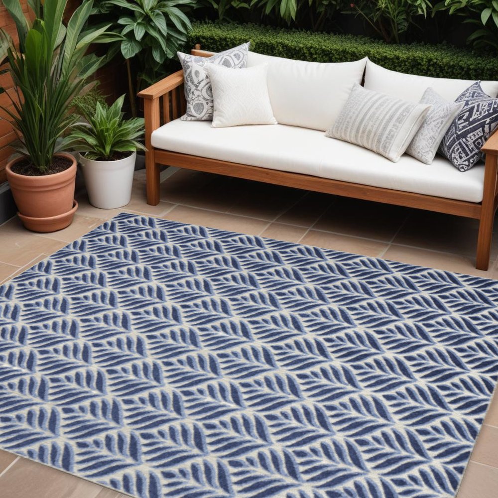 9' X 12' Blue Floral Stain Resistant Non Skid Area Rug