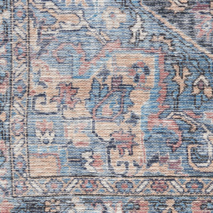 6' X 9' Light Blue And Orange Medallion Distressed Washable Area Rug