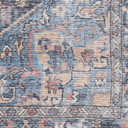 6' X 9' Light Blue And Orange Medallion Distressed Washable Area Rug