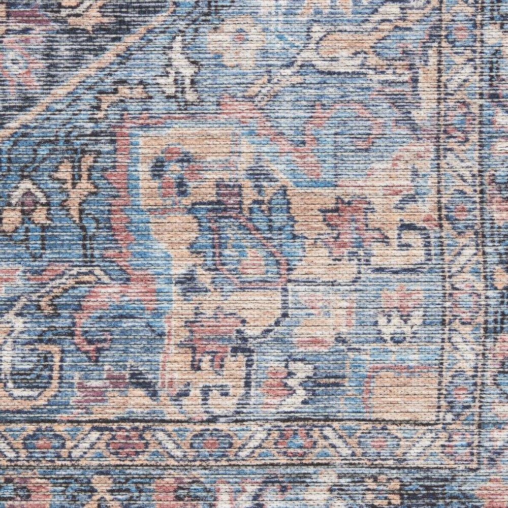 6' X 9' Light Blue And Orange Medallion Distressed Washable Area Rug