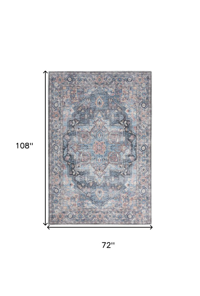 6' X 9' Light Blue And Orange Medallion Distressed Washable Area Rug