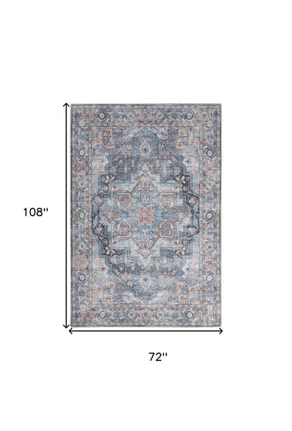 6' X 9' Light Blue And Orange Medallion Distressed Washable Area Rug