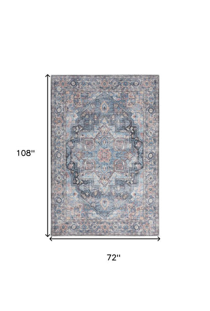 6' X 9' Light Blue And Orange Medallion Distressed Washable Area Rug