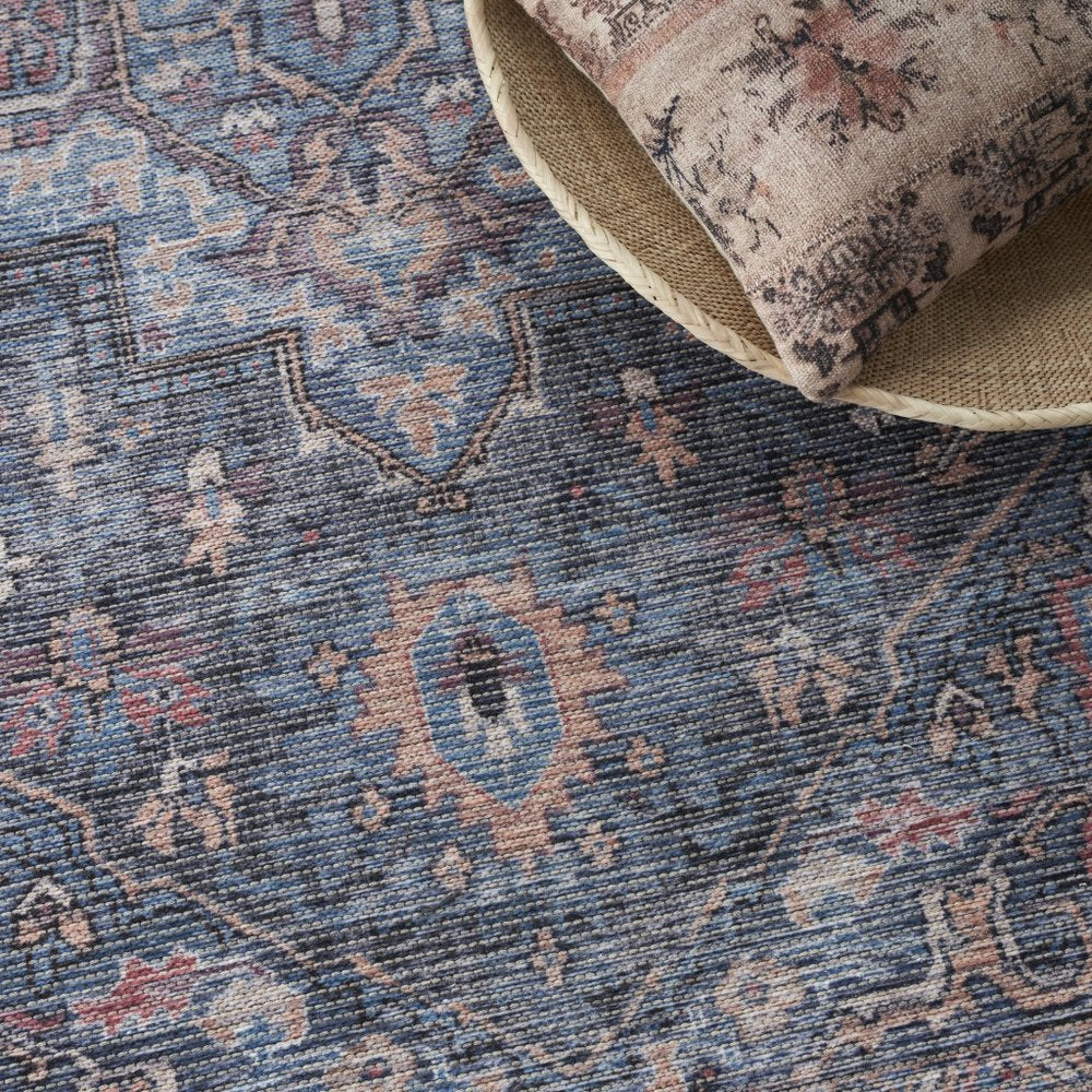 6' X 9' Light Blue And Orange Medallion Distressed Washable Area Rug