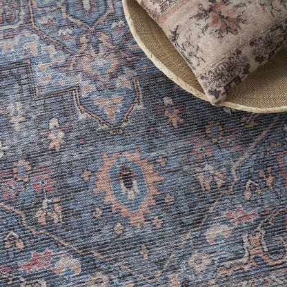 6' X 9' Light Blue And Orange Medallion Distressed Washable Area Rug