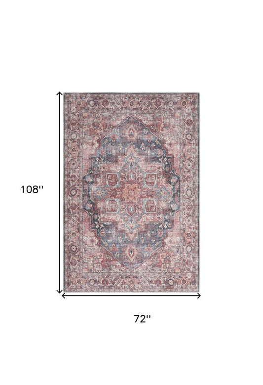 6' X 9' Blue And Pink Medallion Distressed Washable Area Rug