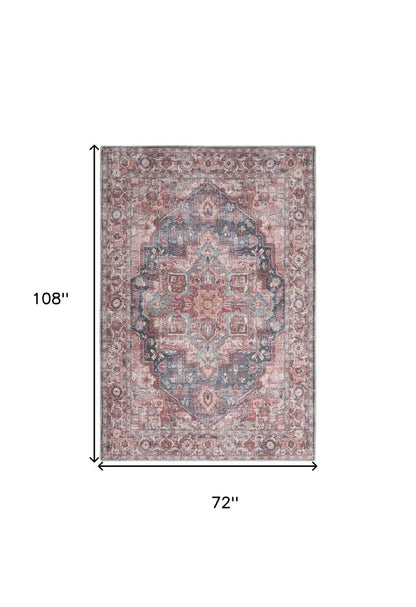 6' X 9' Blue And Pink Medallion Distressed Washable Area Rug
