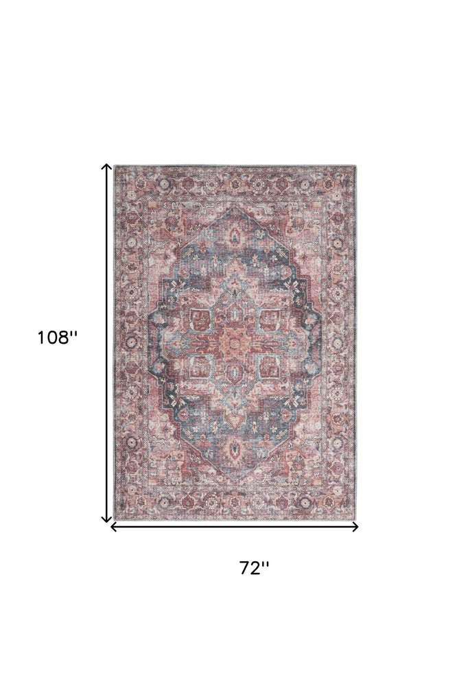 6' X 9' Blue And Pink Medallion Distressed Washable Area Rug