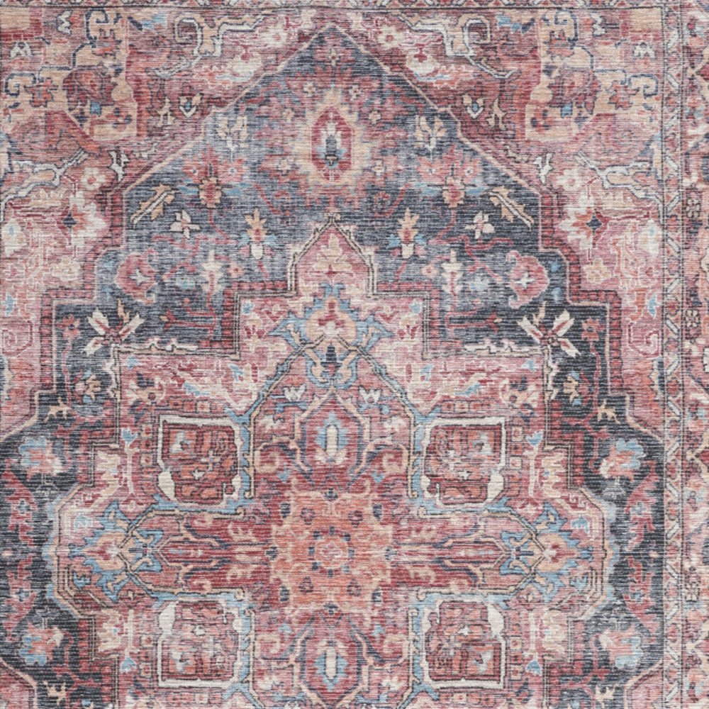 6' X 9' Blue And Pink Medallion Distressed Washable Area Rug