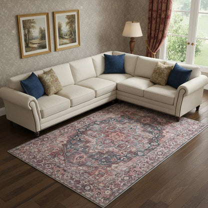 6' X 9' Blue And Pink Medallion Distressed Washable Area Rug