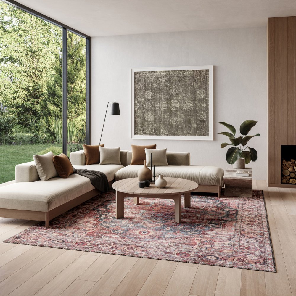 6' X 9' Blue And Pink Medallion Distressed Washable Area Rug