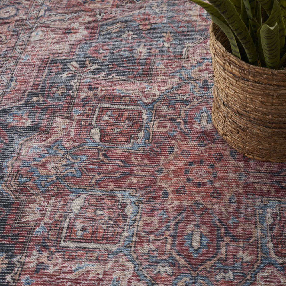 6' X 9' Blue And Pink Medallion Distressed Washable Area Rug