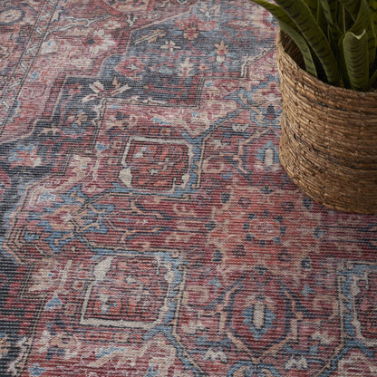 6' X 9' Blue And Pink Medallion Distressed Washable Area Rug