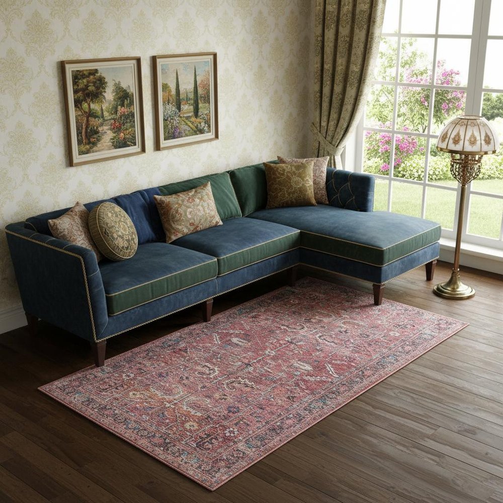 6' X 9' Brick Medallion Distressed Washable Area Rug