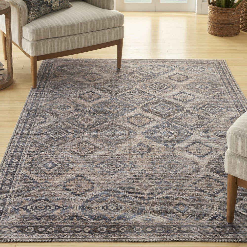 6' X 9' Ivory And Latte Medallion Distressed Washable Area Rug