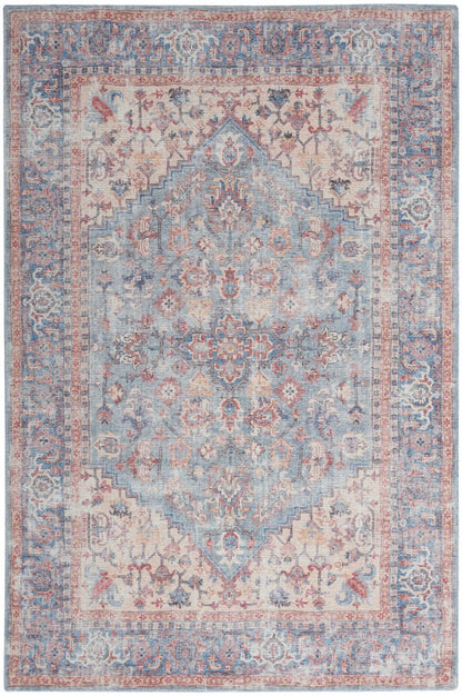 6' X 9' Blue And Orange Medallion Distressed Washable Area Rug
