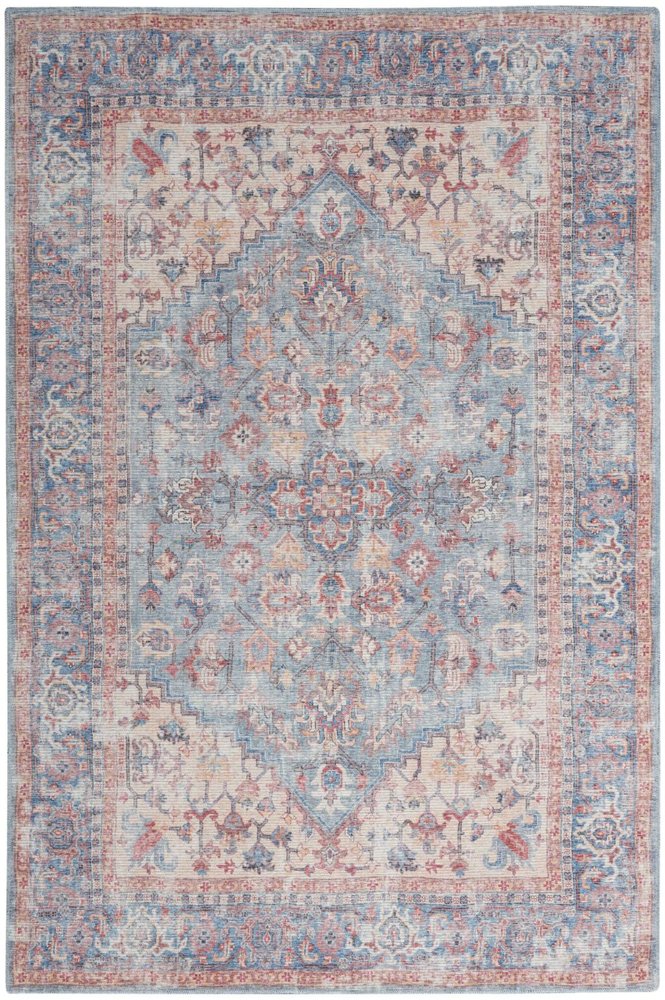 6' X 9' Blue And Orange Medallion Distressed Washable Area Rug