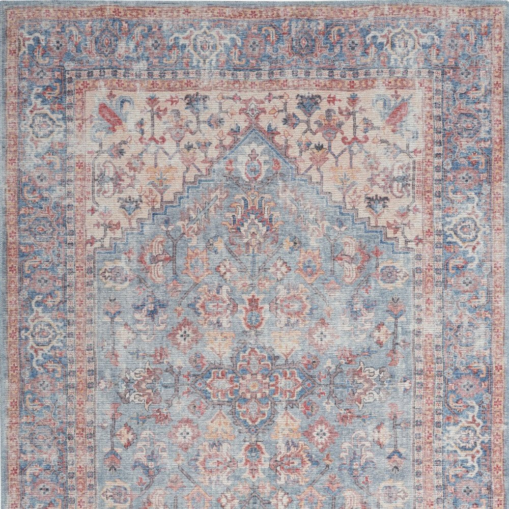 6' X 9' Blue And Orange Medallion Distressed Washable Area Rug