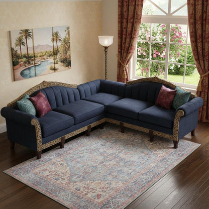 6' X 9' Blue And Orange Medallion Distressed Washable Area Rug