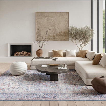 6' X 9' Blue And Orange Medallion Distressed Washable Area Rug