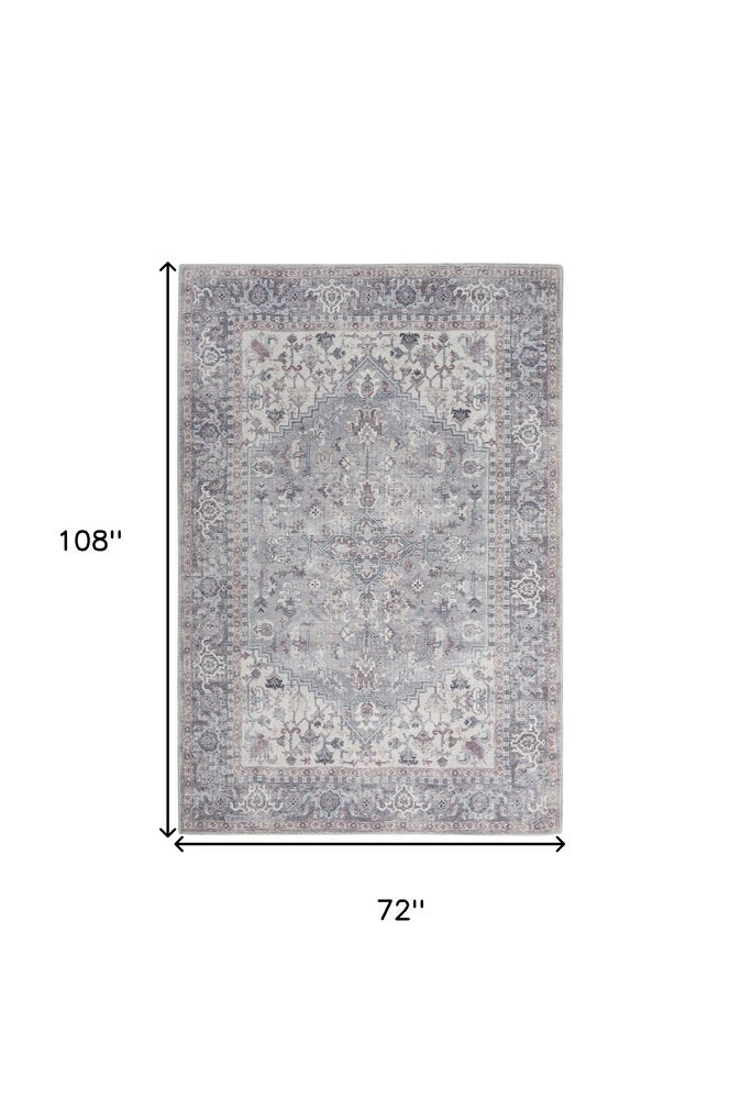 6' X 9' Grey Medallion Distressed Washable Area Rug
