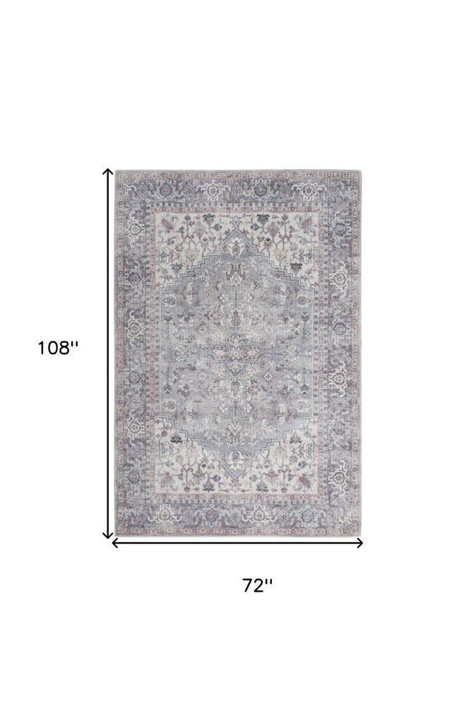 6' X 9' Grey Medallion Distressed Washable Area Rug