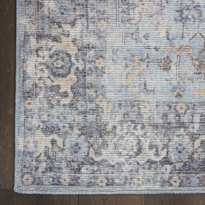 6' X 9' Light Grey And Blue Medallion Distressed Washable Area Rug