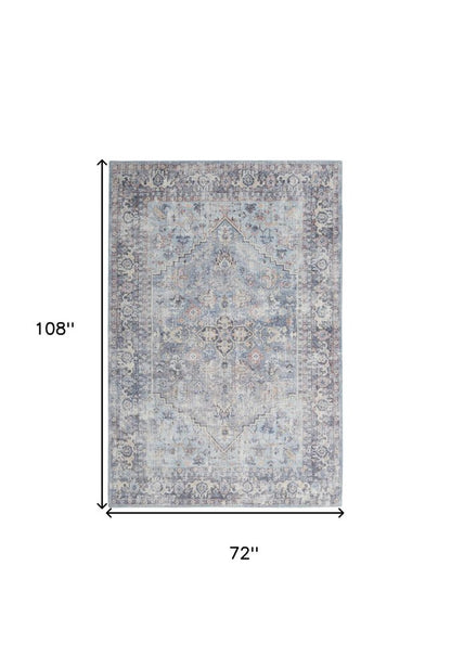 6' X 9' Light Grey And Blue Medallion Distressed Washable Area Rug