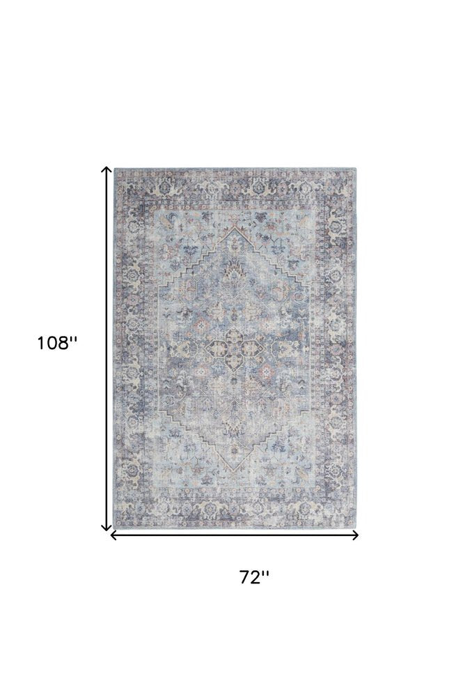 6' X 9' Light Grey And Blue Medallion Distressed Washable Area Rug