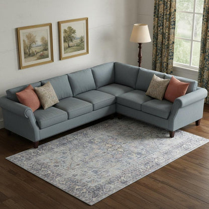 6' X 9' Light Grey And Blue Medallion Distressed Washable Area Rug