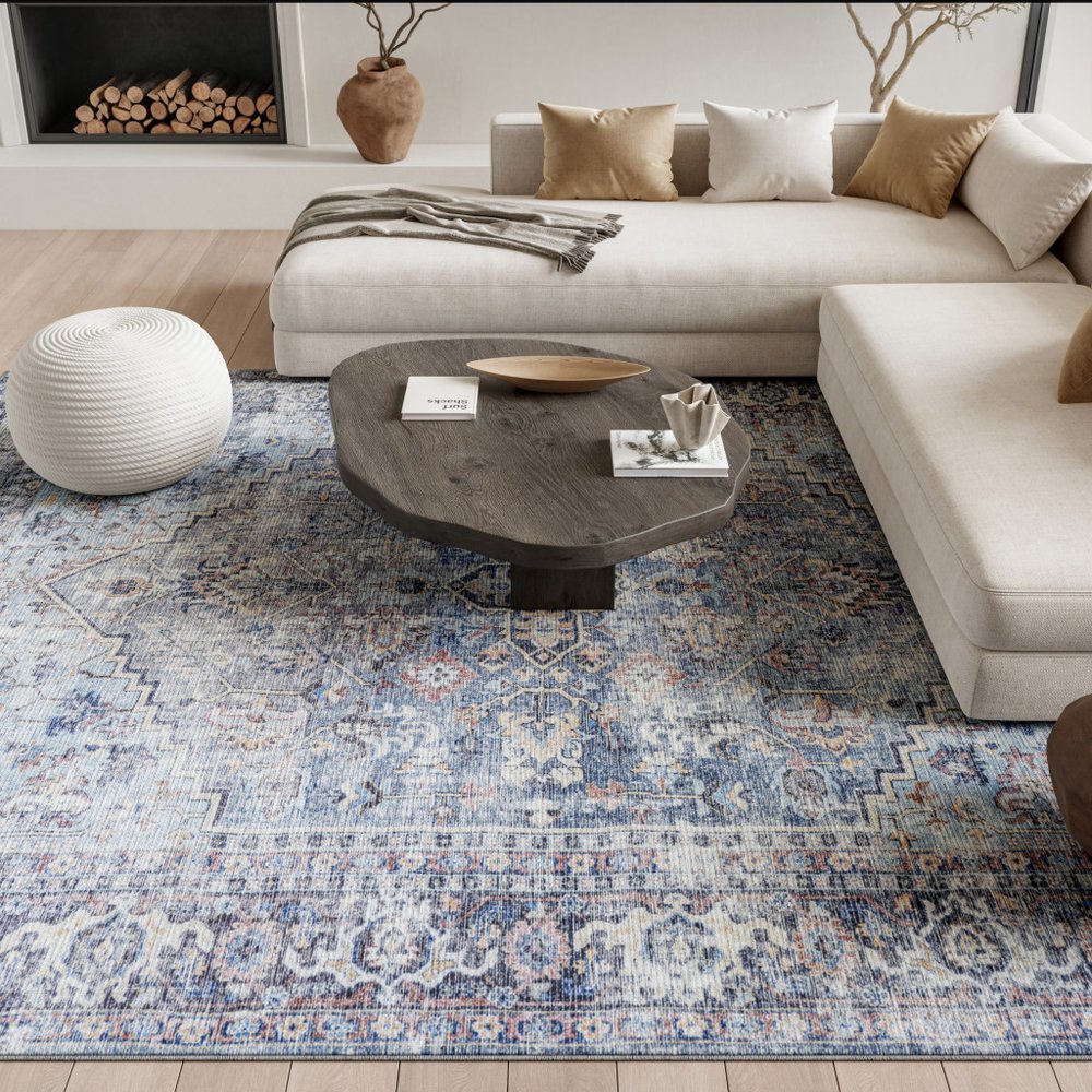 6' X 9' Light Grey And Blue Medallion Distressed Washable Area Rug