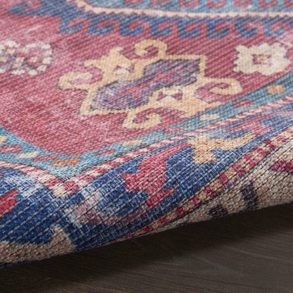 6' X 9' Red And Navy Medallion Distressed Washable Area Rug