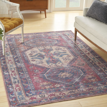 6' X 9' Red And Navy Medallion Distressed Washable Area Rug