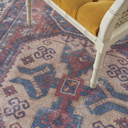 6' X 9' Red And Navy Medallion Distressed Washable Area Rug