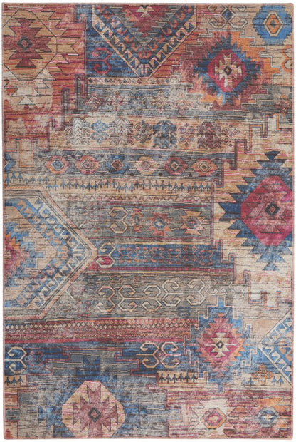 6' X 9' Blue And Pink Southwestern Distressed Washable Area Rug