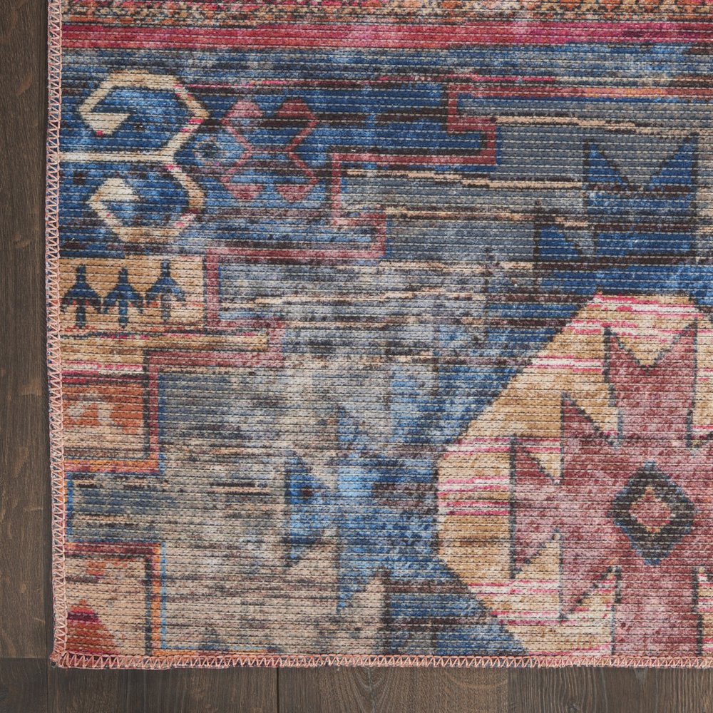 6' X 9' Blue And Pink Southwestern Distressed Washable Area Rug